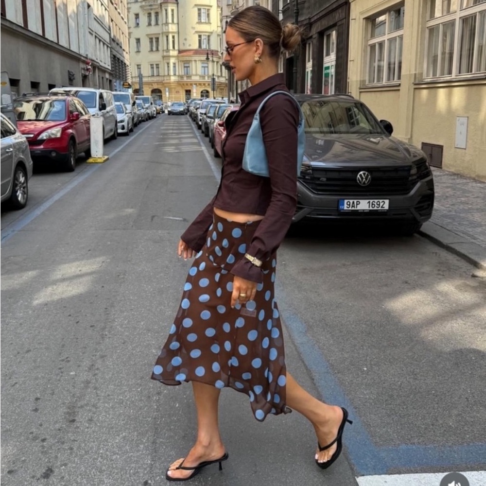 Zara Brown and Blue Polka Dot Asymmetrical Skirt